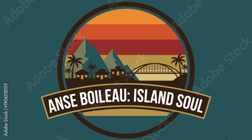 Vintage island soul emblem illustrating a seaside village with a bridge and mountains under a retro sunset