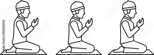 Three Muslim Men Praying on Prayer Mats