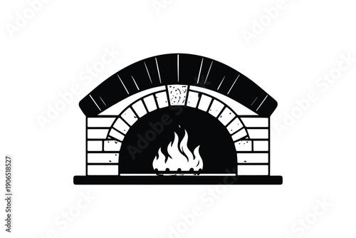 Brick oven with fire silhouette on white background, pizza baking cooking appliance