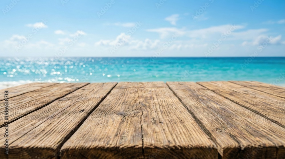 Fototapeta premium Empty wooden table with ocean background and blue sky,perfect for product display,summer advertising,food presentation,and seaside lifestyle branding concepts