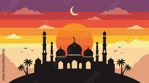Islamic Mosque Silhouette at Sunset with Crescent Moon and Palm Trees, Flat Vector Illustration of a Serene Landscape Scene