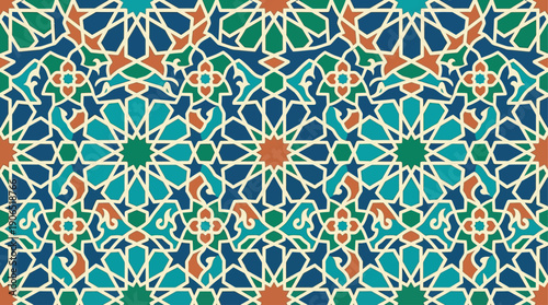 Vibrant seamless Islamic geometric pattern with traditional Moorish mosaic style for elegant backgrounds and cultural design projects