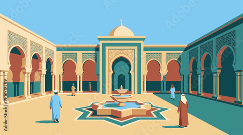 Islamic Architecture Style Courtyard with Fountain and People in Traditional Clothing
