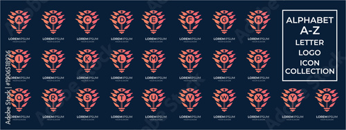 Set of Winged Light Bulb Lettering A-Z logo collection for Smart Solution and Innovation Education. Geometric abstract icon vector orange gradient.