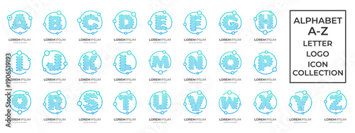 Set of Futuristic Tech Letter A-Z logo collection for Data and Network. Circle dot lines connections with orbit circuit. Geometric abstract icon vector blue gradient.