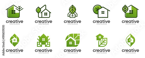Set of Eco House Leaf logo collection for Eco-living and Sustainable Architecture. Geometric abstract icon vector green gradient color.