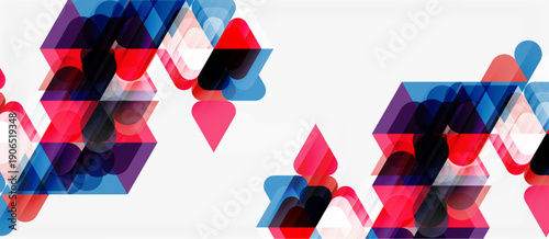 Abstract geometric shapes overlap, creating vibrant color patterns. Red, blue, purple hues dominate white background. Modern design element.