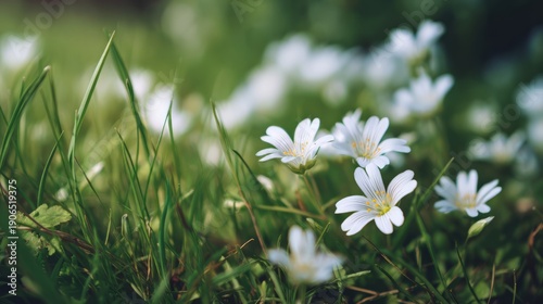 Small white flowers blooming in green grass field. Spring nature background with delicate flora. Fresh outdoor plant life for garden decoration.