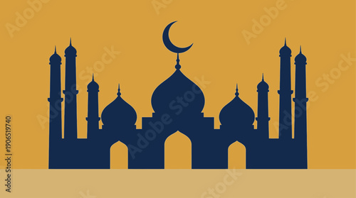 Iconic Silhouette of a Mosque with Crescent Moon, Representing Islamic Culture and Architecture, Ideal for Religious and Travel Themes