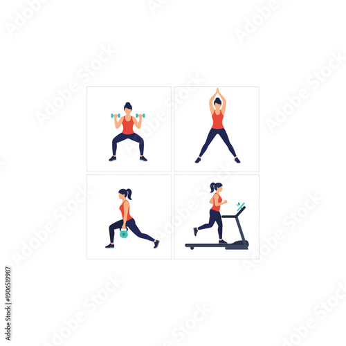 Woman Performing Diverse Fitness Exercises: Squats, Lunges, Running