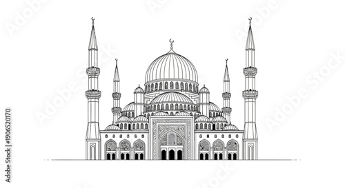 Detailed Pencil Sketch of Islamic Mosque Architecture