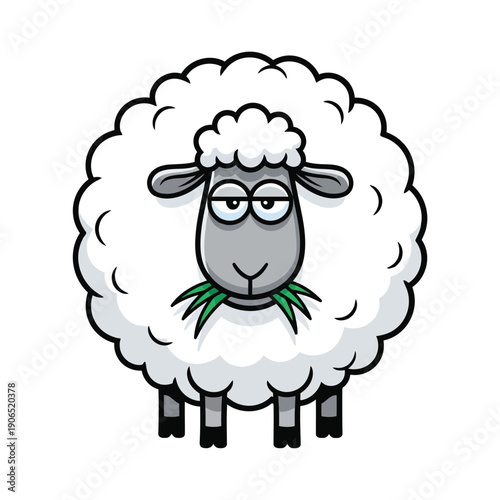 A cartoon sheep with a fluffy coat standing in a serene landscape from a front view, showcasing its cute facial expression and green grass under its chin.