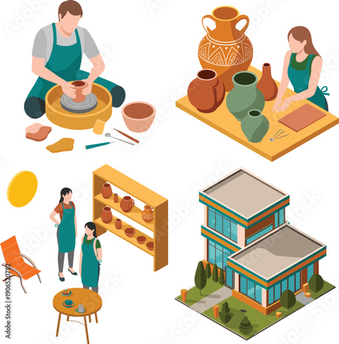 Isometric pottery workshop illustration showing ceramic artists creating handmade clay vases, artisan studio interior, traditional craftsmanship, creative lifestyle concept