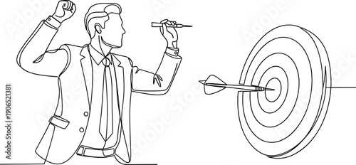 Businessman, throwing, dart, target, success, goal, achievement, strategy, focus, ambition, vector, line, art, illustration, concept, business, motivation, leadership, aim, performance