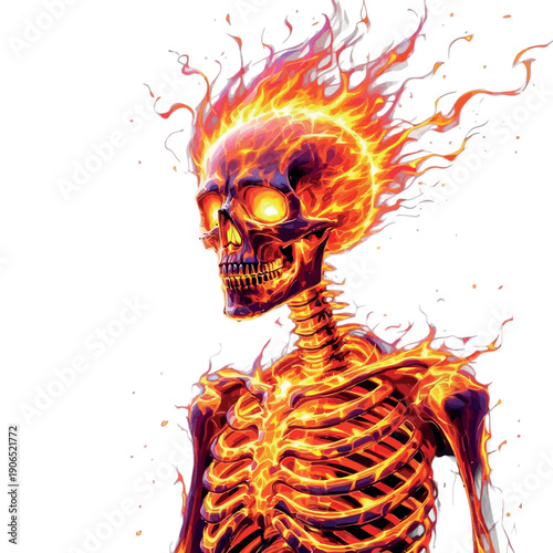 Burning skeleton head body glowing with fire