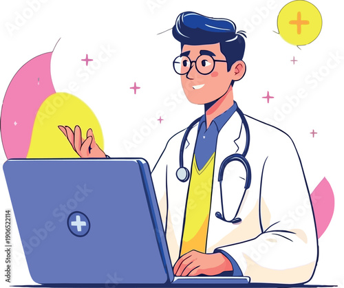 Doctor providing online medical consultation using laptop
