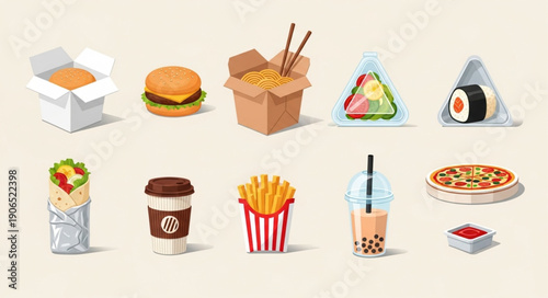 Collection of popular fast food and takeout items.