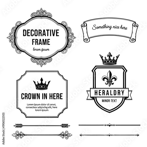 Decorative heraldry elements including crowns and fleur-de-lis ornaments in vintage illustrations