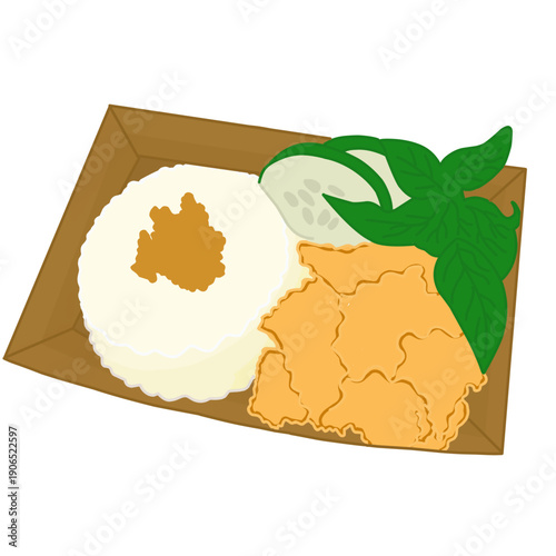 Indonesian fried chicken rice box with sambal, cucumber slices and fresh basil leaves, Ayam Geprek or Nasi Ayam Penyet illustration in a cardboard container.