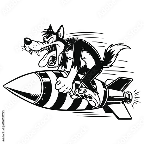 A cartoon wolf riding a rocket, depicted in a dynamic illustration, showcasing speed and playful energy, viewed from the side.