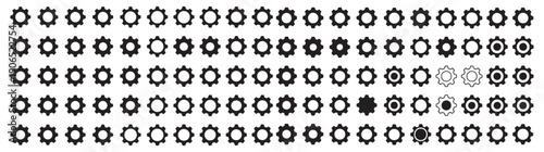 Gear icon vector set, black cogwheel vector collection, mechanical gear shapes, engineering symbols, industrial machinery, sprocket designs, abstract gearwheel graphics