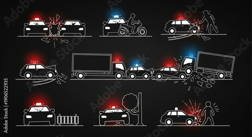 Collection of police car illustrations with flashing lights.