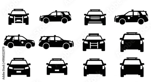 Collection of Police Car Silhouettes in Various Views.