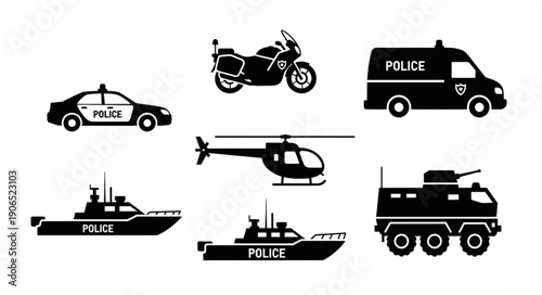 Collection of police vehicles and aircraft silhouettes.