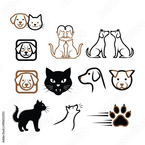 Collection of various cat and dog illustrations in different poses and styles