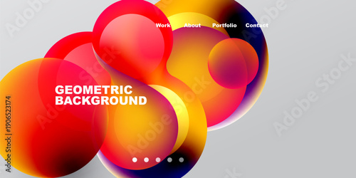 Abstract vibrant shapes overlap. Text includes geometric background, menu options work, about, portfolio, contact. Dots indicate navigation.