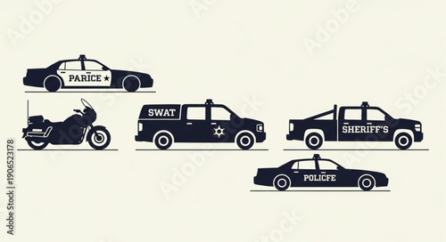 Collection of police vehicles and motorcycle illustration.