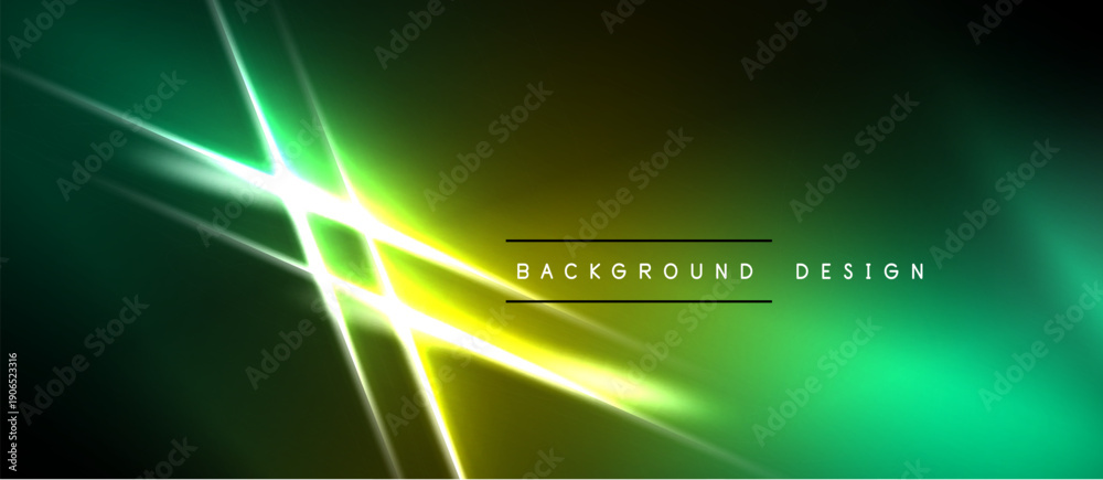 Naklejka premium Abstract neon glow, vibrant green yellow gradients. Diagonal lines intersect creating bright focal point. Dark borders frame design.
