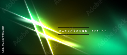 Abstract neon glow, vibrant green yellow gradients. Diagonal lines intersect creating bright focal point. Dark borders frame design.