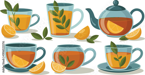 Herbal tea cups and glass teapot with lemon slices and leaves isolated on white background illustration design set