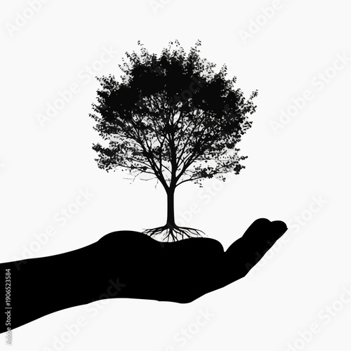 Nurturing Nature's Promise: A silhouette of a hand cradles a flourishing tree, symbolizing environmental stewardship and the nurturing of life.