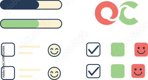 Flat, user, interface, elements, progress, bars, checklist, icons, smiley, feedback, symbols, quality, control, letters, modern, vector, design, illustration, clean, minimal
