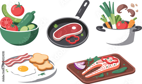 Cooking Scene Outline Manual Design Set – Flying Vegetables, Pot, and Fresh Meal Prep