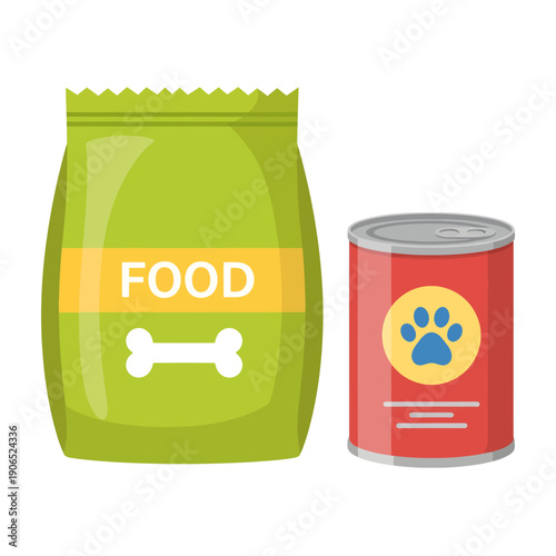 A colorful flat vector illustration depicting pet nutrition essentials, featuring a green bag of dry dog food with a bone icon alongside a red can of wet meat stamped with a blue paw print logo
