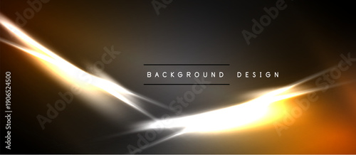 Abstract background features golden light streaks, gradients. Dark shades dominate, creating dynamic visual effect. Minimalist design.