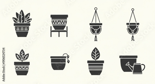 Collection of Potted Plants and Gardening Tools Icons.