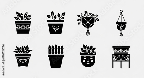 Collection of potted plants and plant hangers silhouette icons.