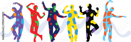 Colorful dancing people silhouettes illustration featuring abstract human figures with vibrant patterns, celebrating joy, diversity, movement and modern art style on white background