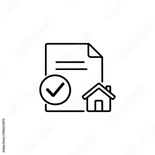 Property management contract approval icon black and white vector illustration of real estate document with house and check mark symbol