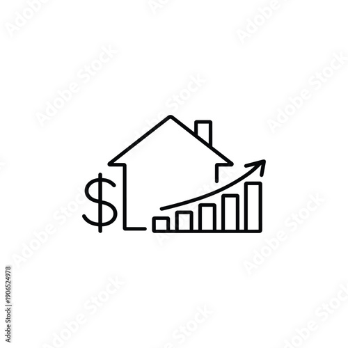 Black and white property management vector icon with house dollar sign and growing bar chart for real estate investment and rental income growth