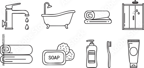 Black and white line of bathroom including faucet with water droplets bathtub shower towels soap bottle toothbrush and toothpaste