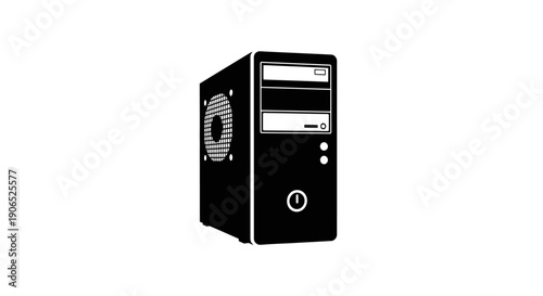 This black vector icon illustrates a desktop computer CPU tower, symbolizing technology, computing, data processing, and digital systems. It represents hardware infrastructure, office technology, and 
