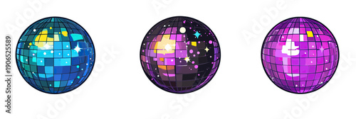 Set of three colorful disco balls with reflective segmented squares and glowing highlights in blue, purple, and pink tones vector illustration