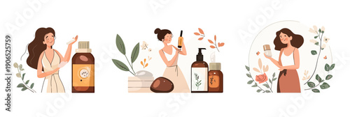 Women using natural cosmetic products for skin care and wellness with essential oils organic cleanser and face cream in flat minimalist style vector illustration