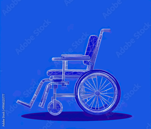 Detailed blueprint style vector illustration of manual wheelchair with spoked wheels and armrests on blue background in flat minimalist design