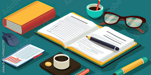 Isometric study desk with open notebook pen coffee cup glasses mouse and closed book flat design vector concept for learning research and productivity workspace
